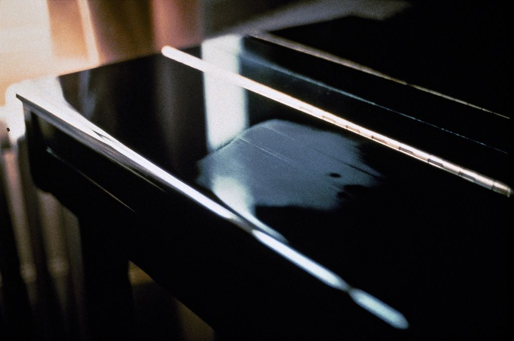 This photograph depicts a condensed breath on black piano surface.