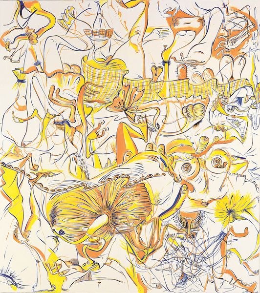 Ein abstrakt gehaltenes Gemälde in Gelb- und Orangetönen mit feiner, dunkelblauer Kontur, die die Formen von männlichen und weiblichen Geschlechtsorgane und anderen Körperteilen annehmen können, jedoch nicht explizit und oftmals in die Leere verlaufend.