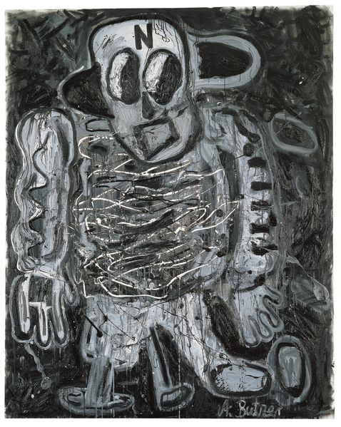 Painting composed of black, white, and gray colors depicting a comic-like figure wearing the letter N on his forehead. André Butzer, Sammlung Goetz Munich