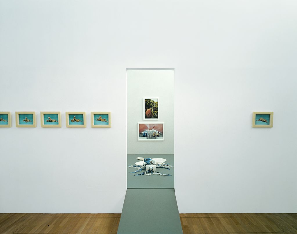 This installation view shows works related to Cremaster 4 and Drawing Restraint. On the left are photographs of mythical creatures against a light blue background. In the middle, an object from Cremaster 4 is laid out on a grey surface on the wooden floor. Above it photographs of the same work are hanging. To the right is a single photograph from Drawing Restraint.