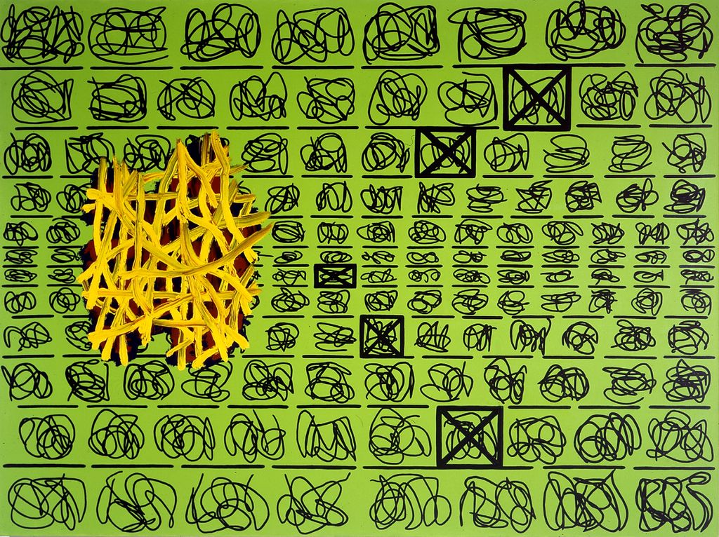 This abstract painting consists of a light green background with varying distances between lines in which letter-like doodles in black are found. On the left edge of the picture in the middle is a larger curl with a dark background and yellow lines.
