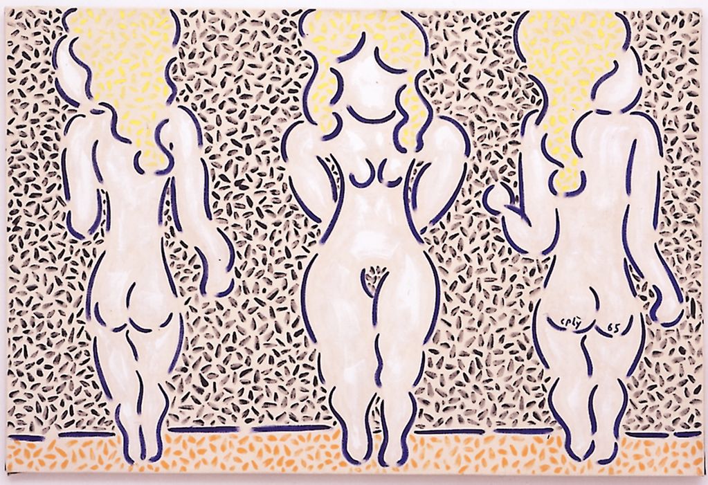 Diese Malerei zeigt drei comic-ähnliche, nackte Frauenfiguren, in der Mitte sehen wir eine Frau von vorne, während rechts und links beide von hinten zu betrachten sind. William Copley, Sammlung Goetz München