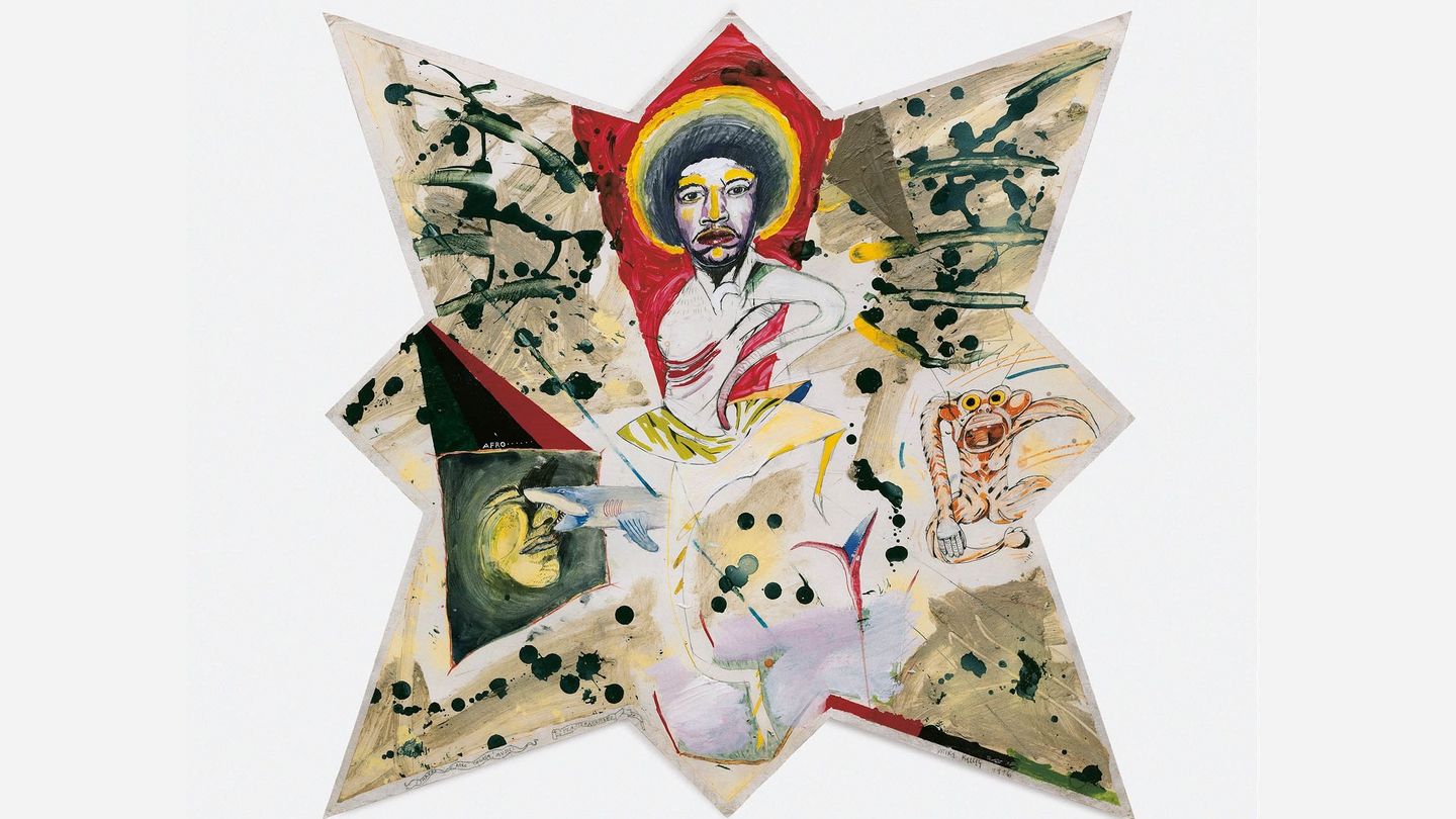 Diese Abbildung zeigt eine Malerei mit Bleistift, Acrylfarben und Buntstift auf Papier, das die Formen eines Sterns hat. Das Motiv besteht aus mehreren kleinen Zeichnungen, in der Mitte ist eine merkwürdige Version von Jimi Hendrix zu sehen