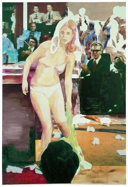 Collage, die mit Malerei verbunden ist und eine junge Frau in Unterwäsche zeigt, die im Begriff ist sich vor hauptsächlich männlichen Jury entweder an- oder auszuziehen. Paulina Olowska, Sammlung Goetz München