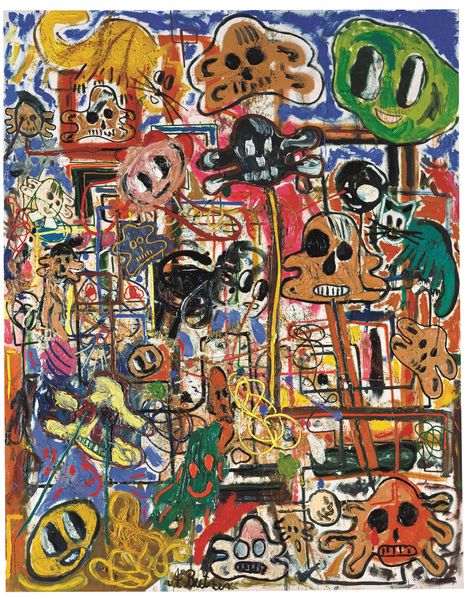 This colorful painting consists of various lines, comic-like cat figures and faces, which together condense into a large whole. André Butzer, Sammlung Goetz Munich