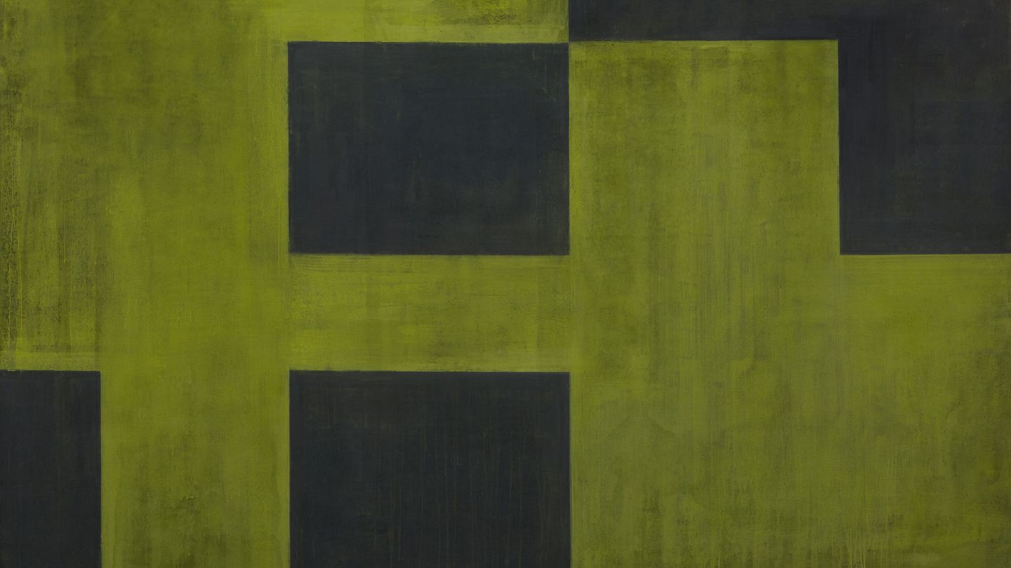 Hier ist eine Malerei von Helmut Federle zu sehen. Sie besteht aus zwei Farben, einem dunklen Anthrazit und einem verwaschenen Gelb-Grün. Die Komposition ist auf rechteckige Formen reduziert.