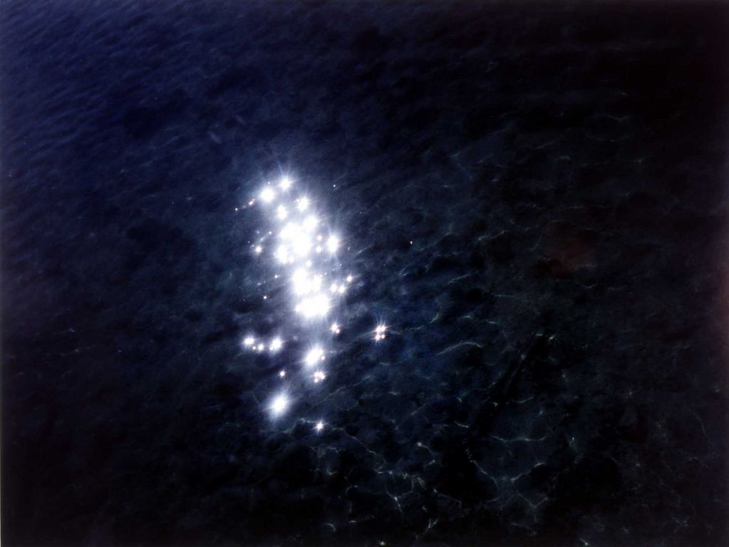 Auf dieser Fotografie ist ein hellweißes einzelnes Feuerwerk vor dunklem Nachthimmel zu sehen.