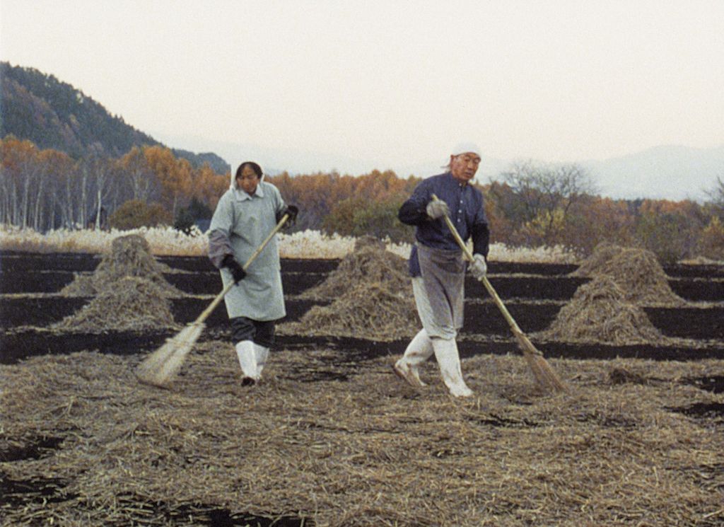 In diesem Videostill arbeitet ein asiatisches Bauernpaar mit Rechen auf einem Feld und bildet hüfthohe Heuhaufen, die im Hintergrund zu sehen sind.