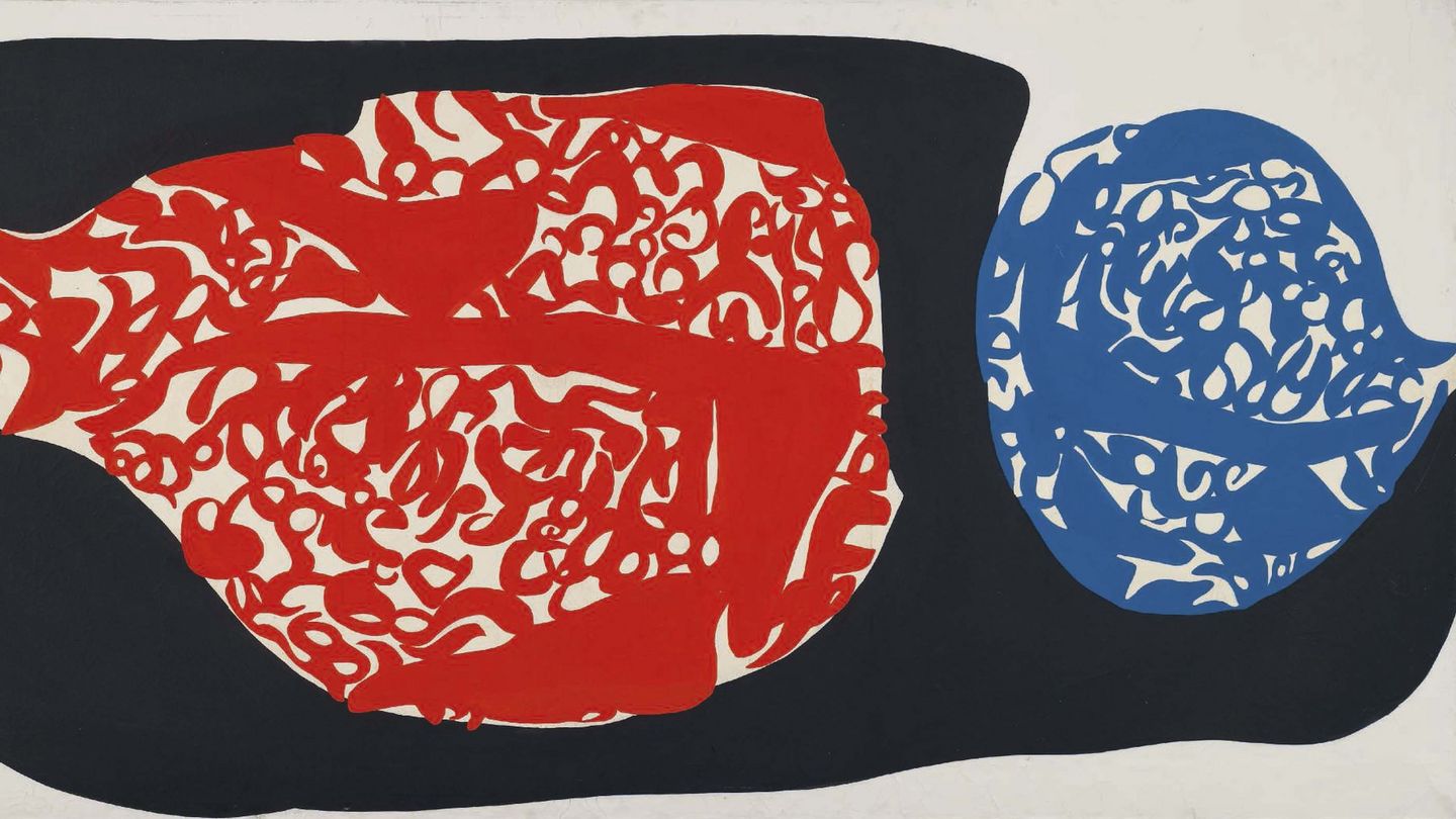Abstract painting with a blue and a red field, which look like speech bubbles with unrecognisable writing inside. In between and outside is a black area, which, however, does not cover the entire painting ground. Carla Accardi, Sammlung Goetz Munich