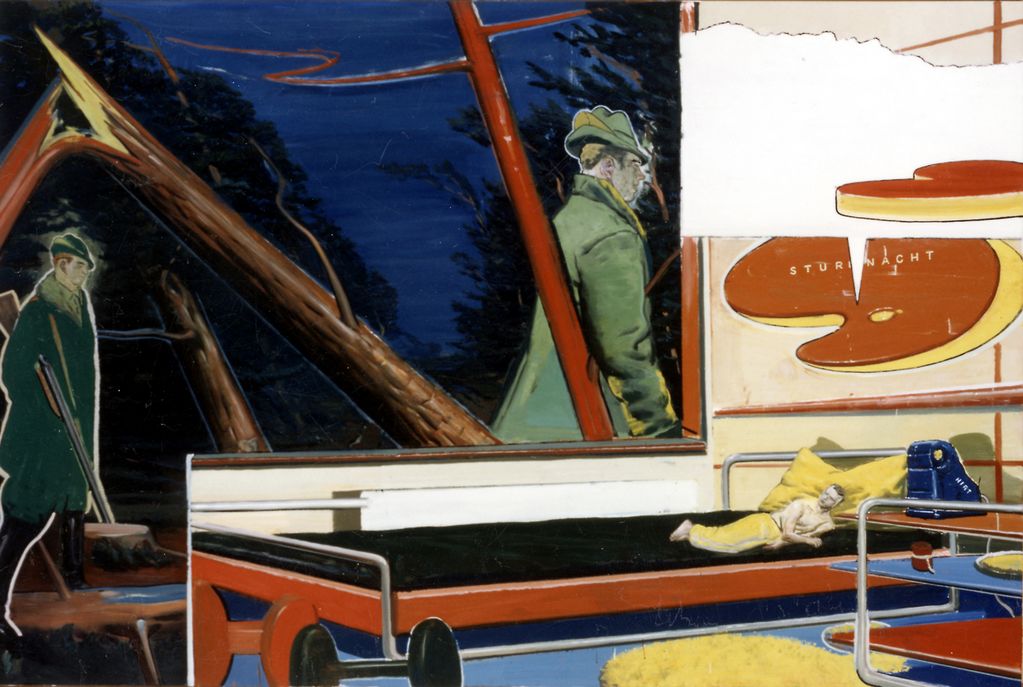 Diese neosurrealistische Malerei zeigt mindestens zwei verschiedene Bildebenen, auf der einen sind zwei Männer in traditioneller deutscher Kleidung und Schießgewehren zu sehen. Die andere Bildebene zeigt einen viel zu kleinen Mann auf einem Bett liegend. Neo Rauch, Sammlung Goetz München