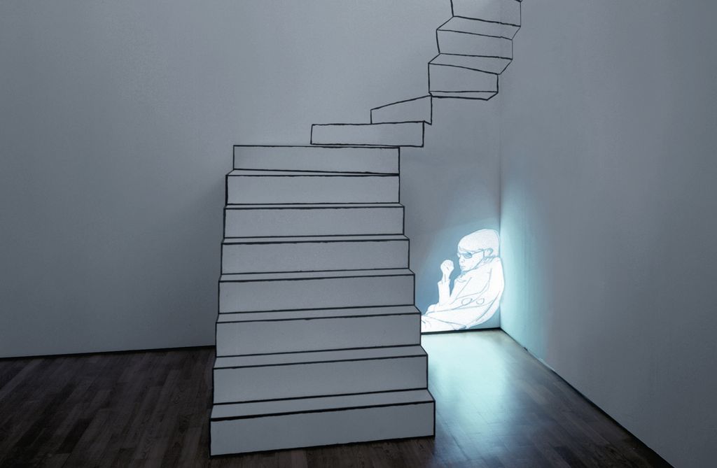 Zilla Leutenegger combines murals, drawings, objects and video projections to create expansive installations and light images. Here, the wall painting of a staircase can be seen, which leads into a cardboard staircase entering the exhibition space. Underneath is a projection of the drawing of the artist's alter ego nestled in the corner of the room. Zilla Leutenegger, Sammlung Goetz Munich