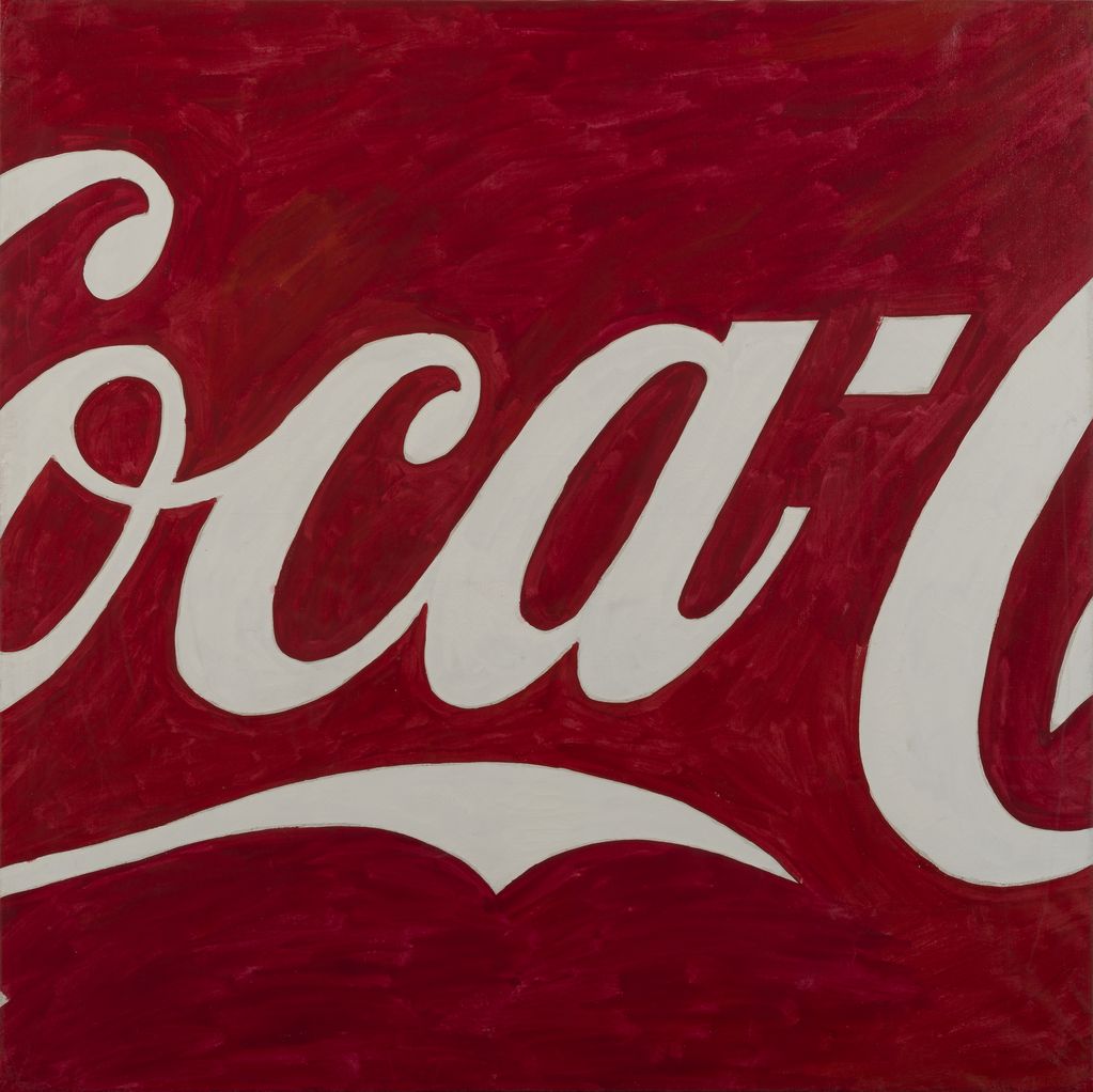 Weißer, angeschnittener Coca Cola Schriftzug auf rotem Hintergrund. Mario Schifano, Sammlung Goetz