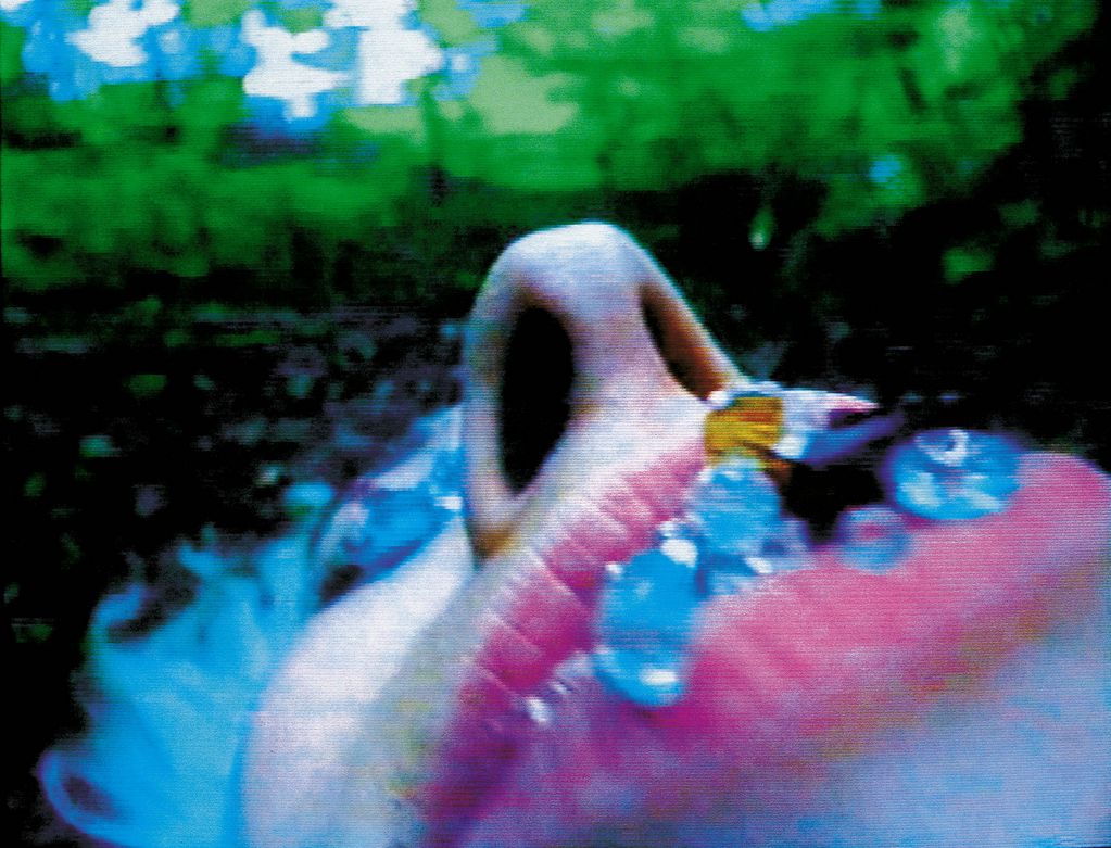This film still contains the extreme close-up of a woman's face seen from the chin upwards. She seems to be lying on the ground in a forest, in the foreground is her mouth, on which colourful "gems" are lying.