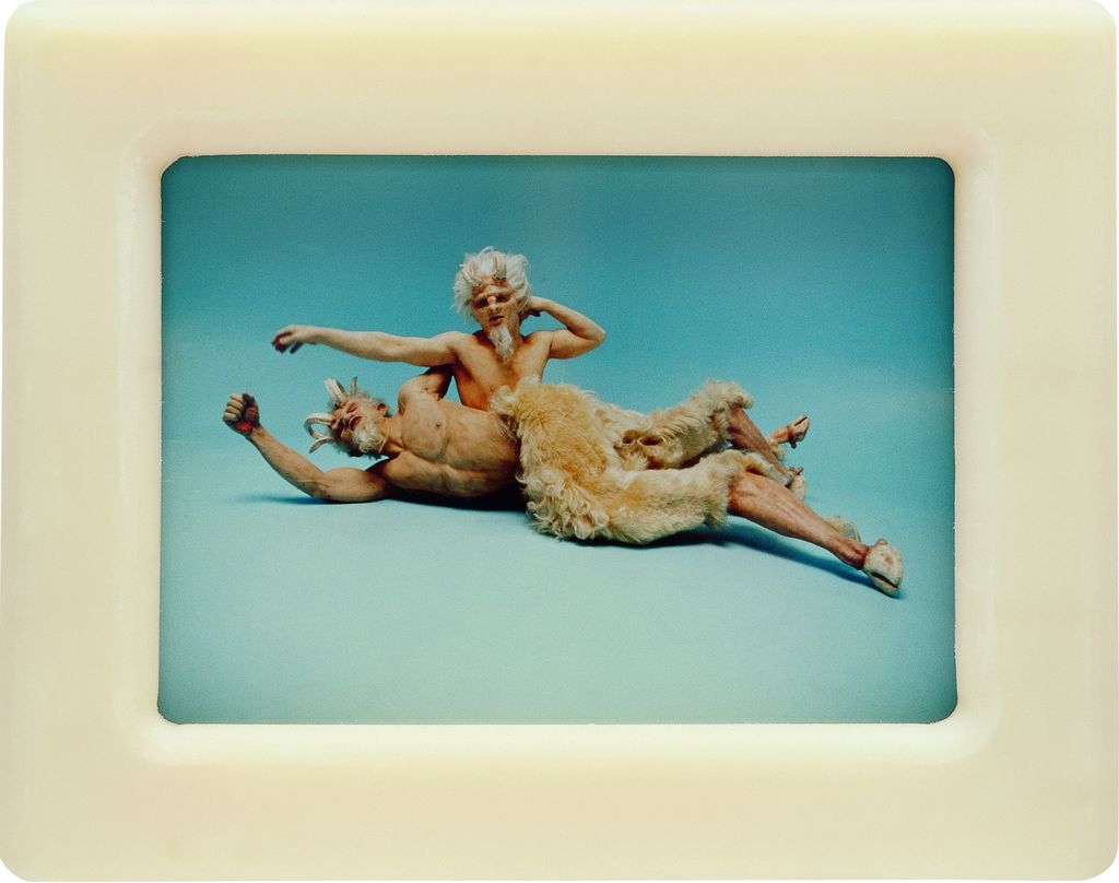 This photograph with a massive white plastic frame shows two bright fauns lying side by side on a floor against a blue background.
