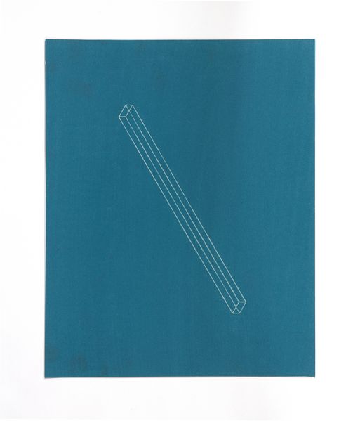 Lithographie, Weiß umrissenes langes, schmales Rechteck diagonal auf blauem Hintergrund platziert. Fred Sandback, Sammlung Goetz, München