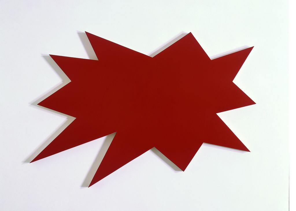 This wall object by Imi Knoebel shows a dark red jagged star, resembling a jagged cloud.