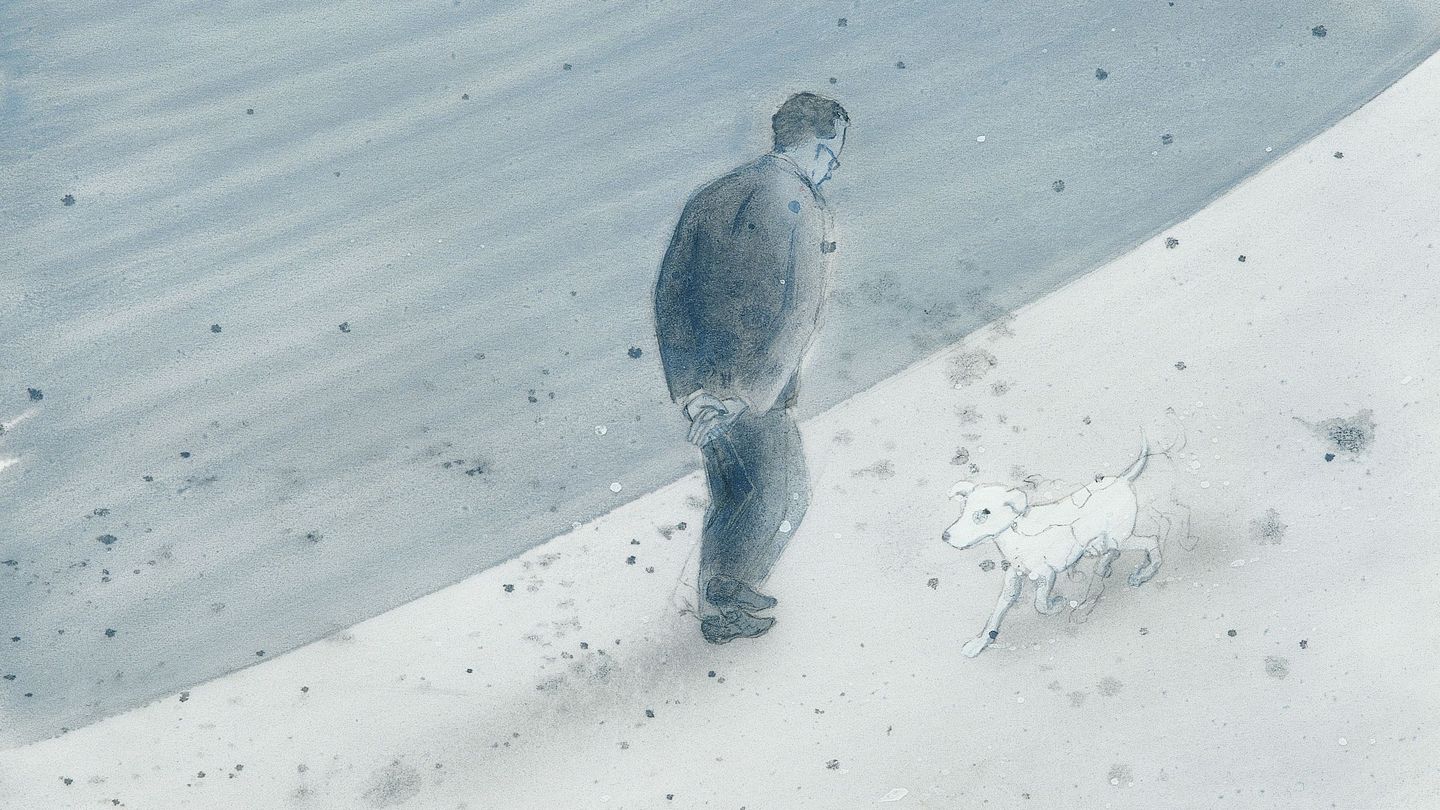 Video Still einer Zeichnung, die einen Mann im Anzug in Rückansicht zeigt, der einem weißem Hund über den Weg läuft. Francis Alÿs, Sammlung Goetz München