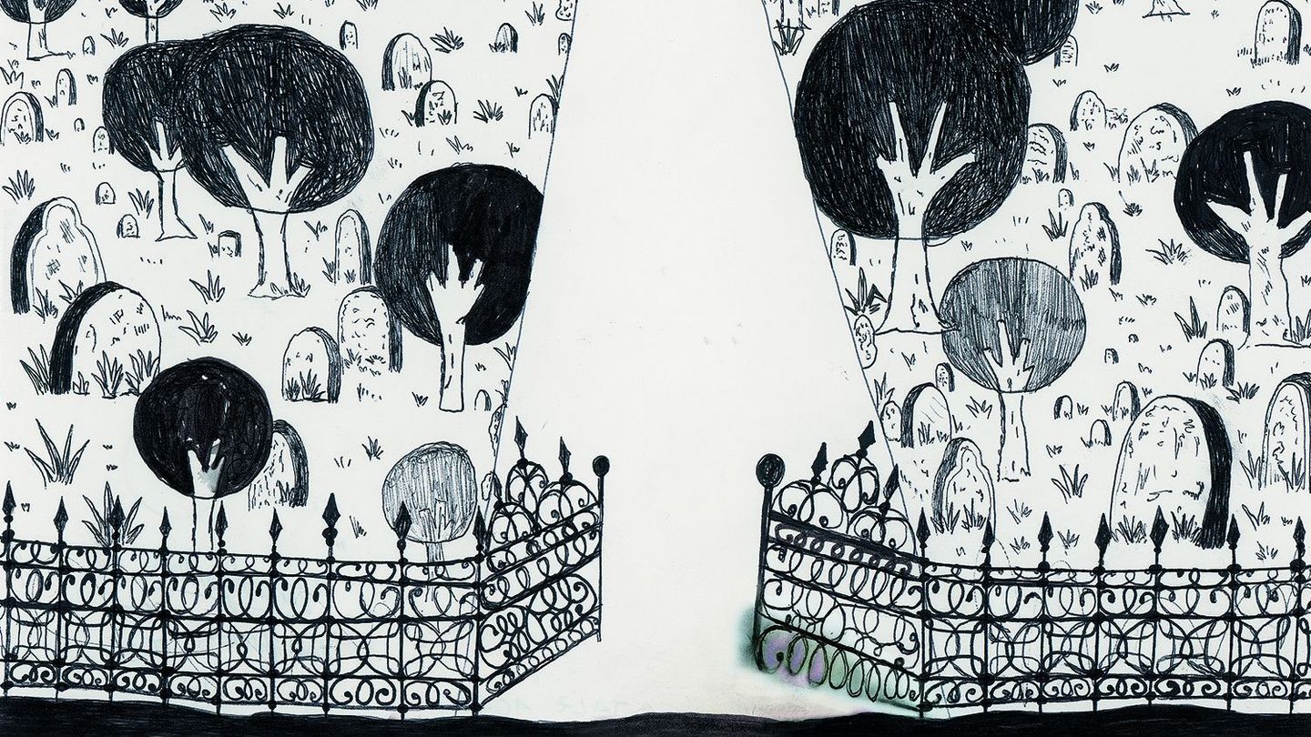 Schwarzer Kugelschreiber und Filzstift auf Papier, kindliche Zeichnung bestehend aus einer Szenerie mit verschnörkelten Zaun, langem Weg und Bäumen sowie Grabsteinen. Tal R, Sammlung Goetz München