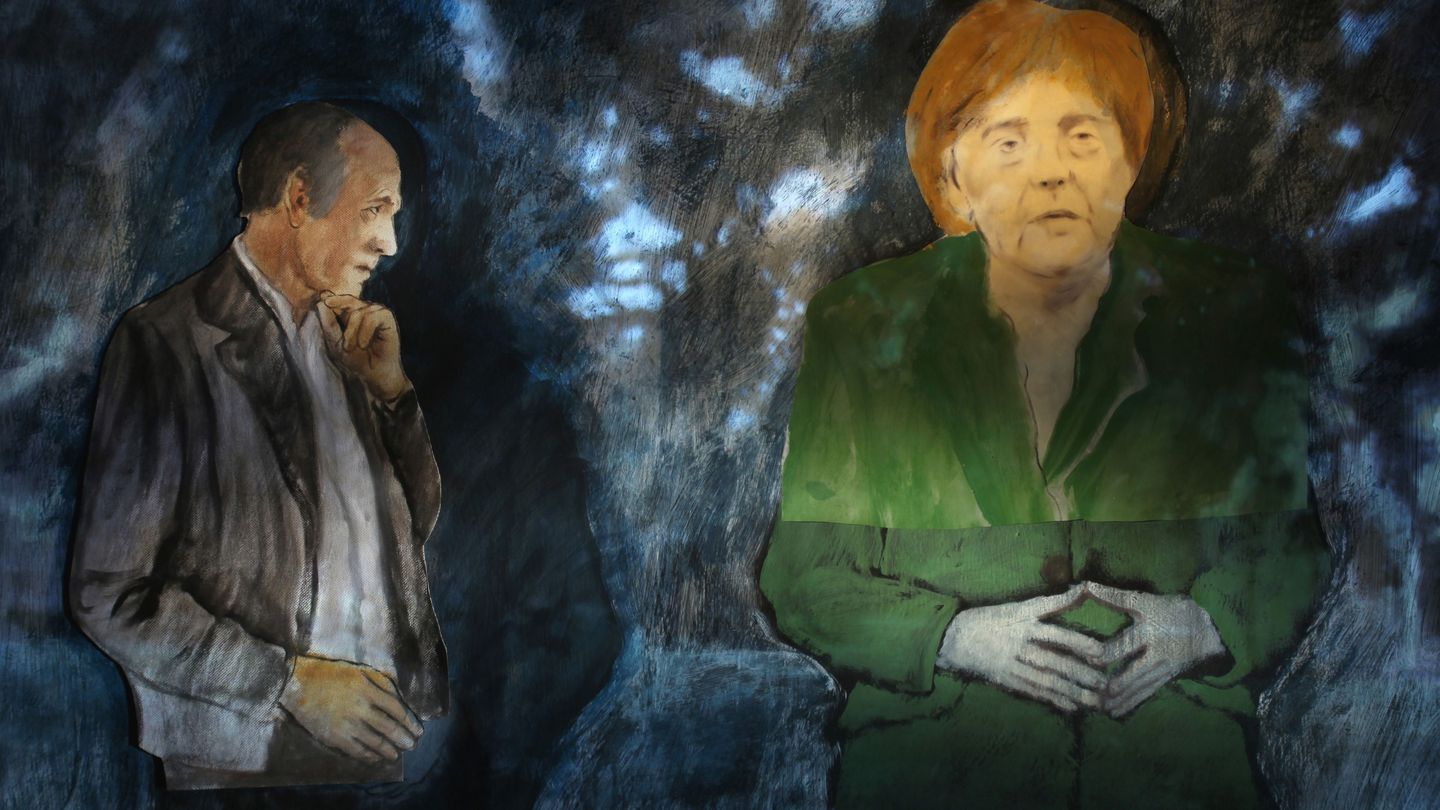 Video Still showing the German Chancellor Angela Merkel with her characteristic gesture of fingers placed together in front of her stomach, wearing a green costume. To her left is a man in profile, who puts his hand to his chin, contemplating. The whole scene seems to be painted. Jochen Kuhn, Sammlung Goetz Munich
