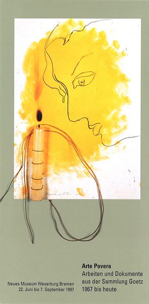This picture shows a card of an exhibition of Arte Povera in Bremen.  It shows a work by Jannis Kounellis, which contains a drawing of a face in profile with yellow background on paper. Attached to it is a long-stemmed candle with string. This candle seems to have burned before, because there is a burn mark on the paper and the wax has burned down a little bit. 