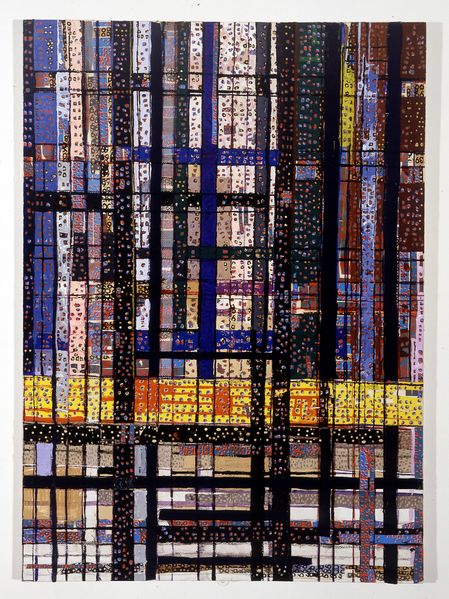 Diese Malerei ist eine abstrakte Darstellung der Straßen Manhattans, bestehend aus einem bunten Mix aus Acrylfarbe, Filzstift, Stoffen und Papier. 