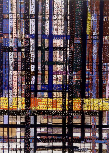 This painting is an abstract representation of the streets of Manhattan, consisting of a colourful mix of acrylic paint, felt-tip pen, fabrics and paper. 