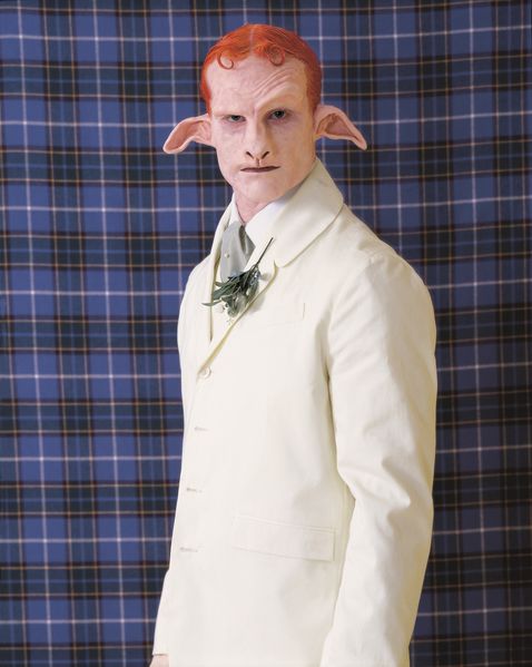 In this photograph you can see a Satyr-like creature, with bright red hair, a white suit with a lapel plant and a neckpiece. It stands in front of a fabric of dark blue tartan pattern. Matthew Barney, Sammlung Goetz Munich
