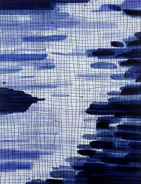 This image consists of an abstract painting in dark and light shades of blue, with a grid that lies delicately and partially broken over horizontal brushstrokes.