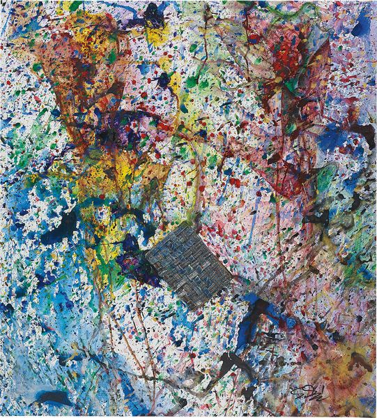 Abstraktes Gemälde aus bunten Farbspritzern mit Jeansstoff-Applikation, Shozo Shimamoto, Sammlung Goetz München