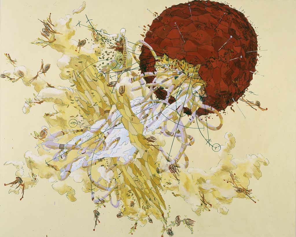 Diese Malerei von Matthew Ritchie ist eine Mixtur aus Abstraktem und Gegenständlichem. Aus einer runden Form scheinen Tentakel zu quellen, eine menschliche Figur ist dazwischen zu sehen. Matthew Ritchie, Sammlung Goetz München