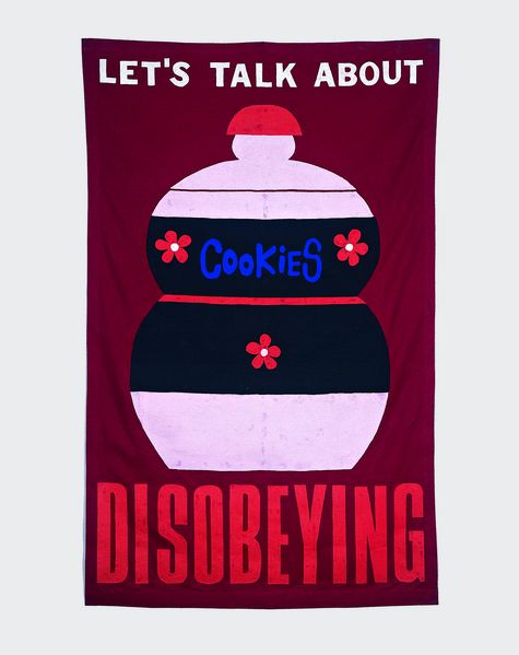 This is a tapestry with a black and white cookie jar on it, inscribed with the word "cookies" and decorated with flowers. Above and below it there is the inscription "Lets talk about disobeying".