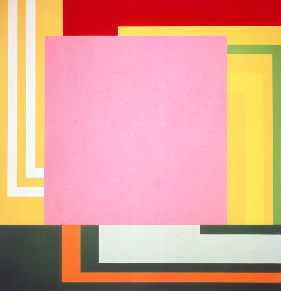 The painting of Peter Halley has a pink square in the middle. Around this square are minimalist colour fields and lines in yellow, orange, red, green, black and white.