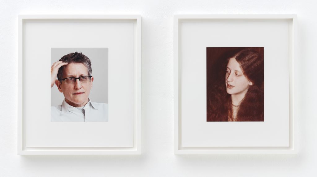 These are two portrait photographs of the artist Roni Horn herself. On the left she can be seen as an older version with short, partly grey hair and glasses, on the right as a younger version with long, curly hair. Roni Horn, Sammlung Goetz Munich