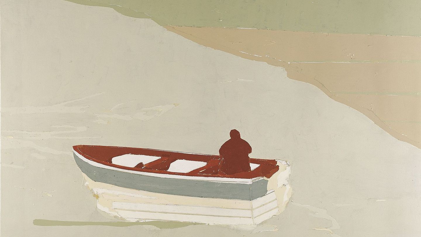 Diese Malerei zeigt in zarten Farbtönen ein Boot mit einer Person darin, das einsam auf einer Wasserfläche nahe vom Land treibt. Veron Urdarianu, Sammlung Goetz München