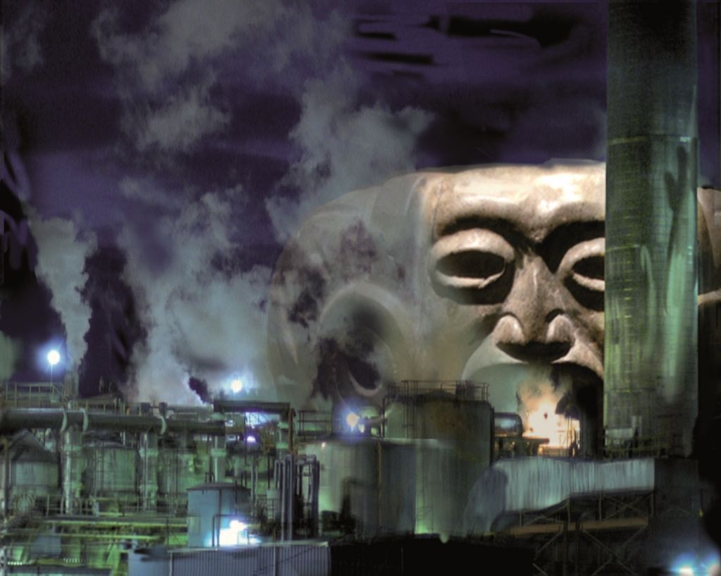 Dieses Filmstill bildet eine computergenerierte Collage bestehend aus einer archaischen Maske und einer Fabrik, aus deren Schloten Rauch entströmt, ab. Markus Selg, Sammlung Goetz München