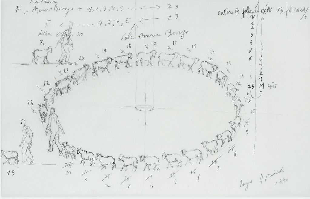 Diese Studie zeigt einen Kreis von Schafen, die von einem Menschen angeführt werden. Die Skizze wurde in Bleistift angefertigt. Francis Alÿs, Sammlung Goetz München