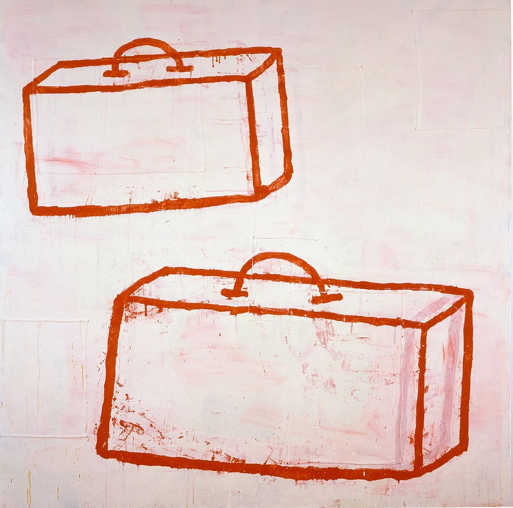 Diese Malerei besteht aus einem fast weißem Grund mit einer naiven Zeichnung von zwei Koffern, die nur eine rote Konturenlinie aufweist.