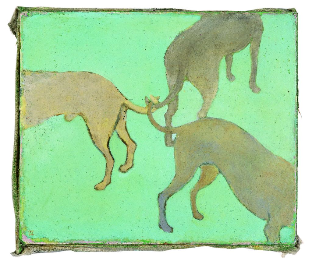 Malerei, die die Hinterteile von drei Hunden zeigt, deren Schwänze ineinander verschlungen sind. Francis Alÿs, Sammlung Goetz München