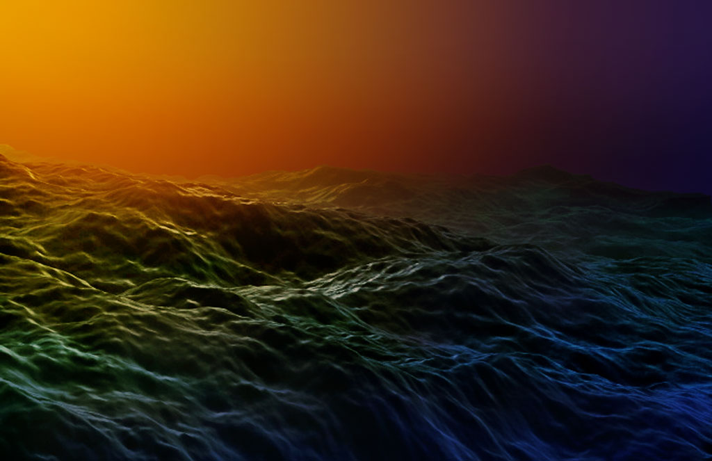 In dunklen Blau- und Grüntönen schimmernde unregelmäßige Oberfläche, die an ein Gewässer oder eine Welle erinnert. Im Hintergrund ist ein orange-rot-violetter Farbverlauf, ähnlich wie bei einem Sonnenauf- bzw. Sonnenuntergang. 