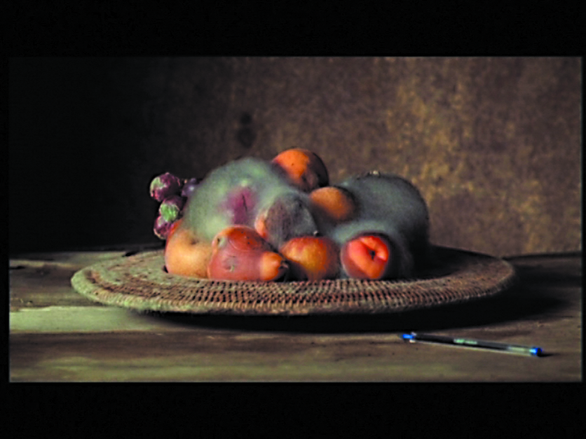 Video still, still life with rotten fruit and ballpoint pen. Sam Taylor-Johnson, Sammlung Goetz Munich