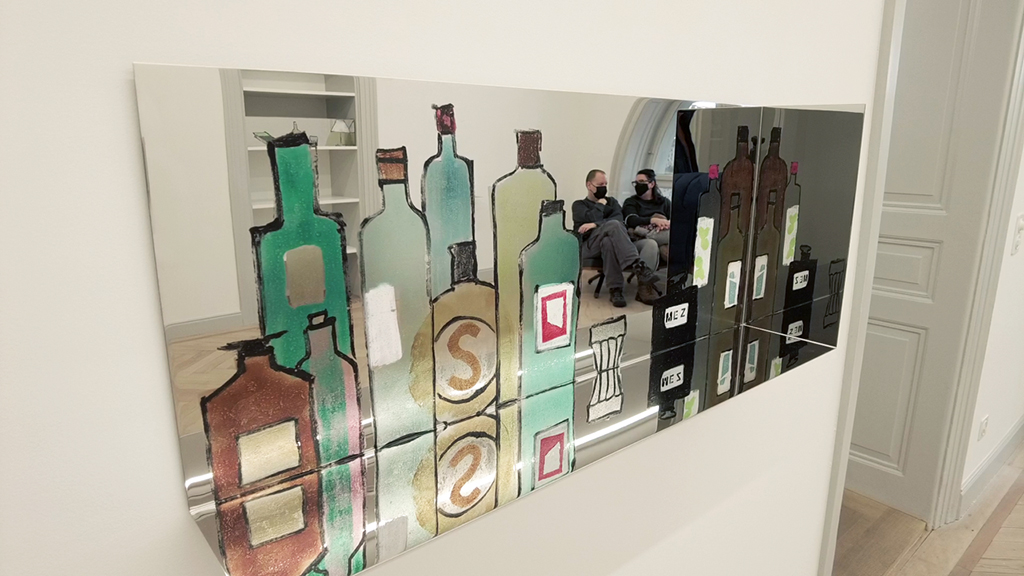 Mirror with painted bottles and glasses by Zilla Leutenegger