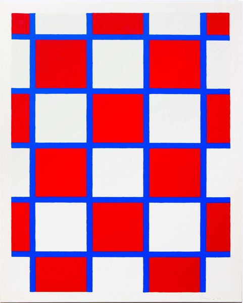 Malerei bestehend aus einem blauen Gitternetz und sich abwechselnden roten und weißen, viereckigen Farbfeldern. Blinky Palermo, Sammlung Goetz München