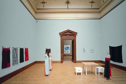 On display here is an exhibition room with textile works, furniture and sketches by Andrea Zittel.