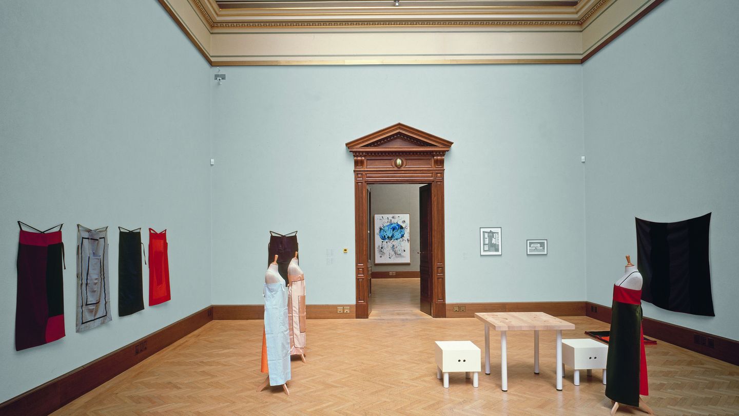 On display here is an exhibition room with textile works, furniture and sketches by Andrea Zittel.