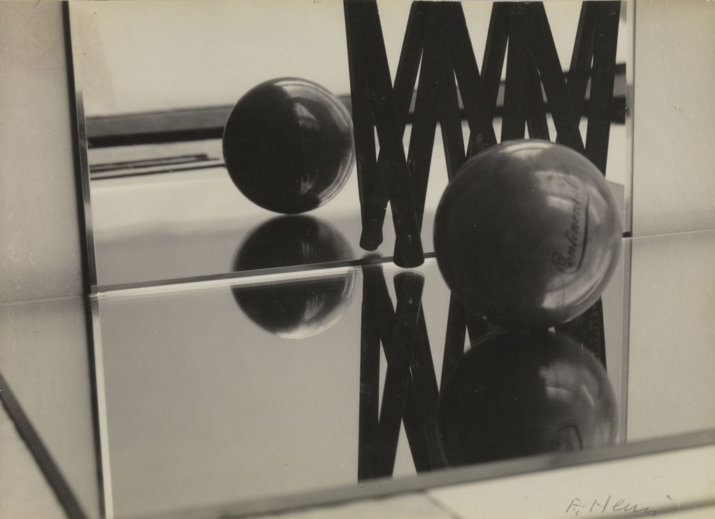 Black and white photograph, composition of sphere and folding rule in front of mirror, Florence Henri, Goetz Collection, Munich