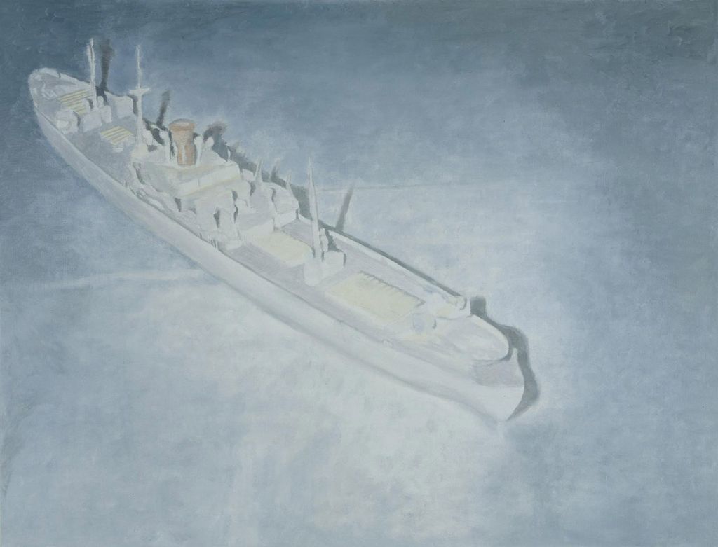 Hellblaue Malerei, auf der man ein auf den Grund gesunkenes Schiff sieht. Luc Tuymans, Sammlung Goetz München
