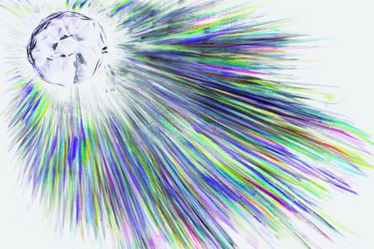 Video Still, das die comichafte Tuschezeichnung eines strahlenden Diamanten zeigt. Raymond Pettibon, Sammlung Goetz München