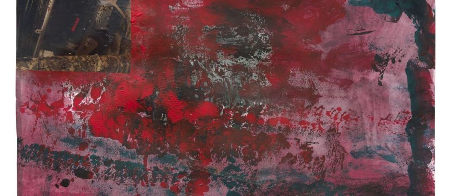 An abstract composition with predominantly red, black, and green colour fields. The surface shows varied textures, including brush and roller marks. In the upper left area, there is a small photographic element depicting mechanical details.