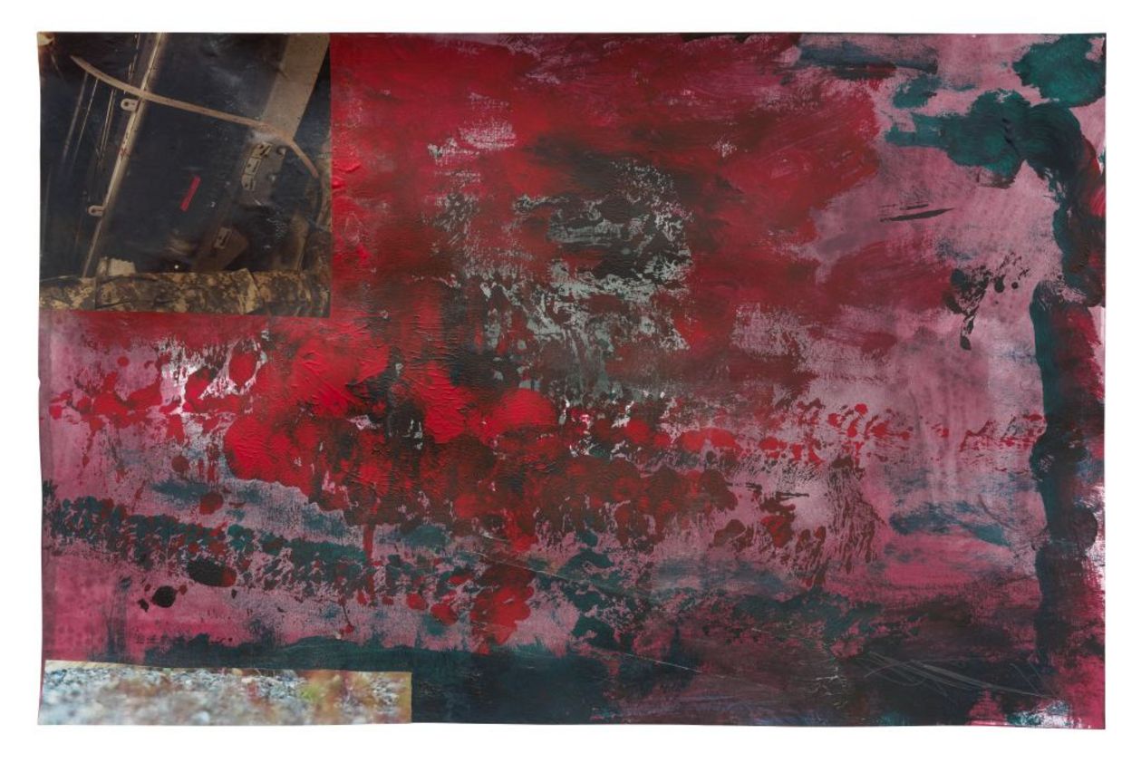 An abstract composition with predominantly red, black, and green colour fields. The surface shows varied textures, including brush and roller marks. In the upper left area, there is a small photographic element depicting mechanical details.