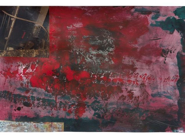 An abstract composition with predominantly red, black, and green colour fields. The surface shows varied textures, including brush and roller marks. In the upper left area, there is a small photographic element depicting mechanical details.